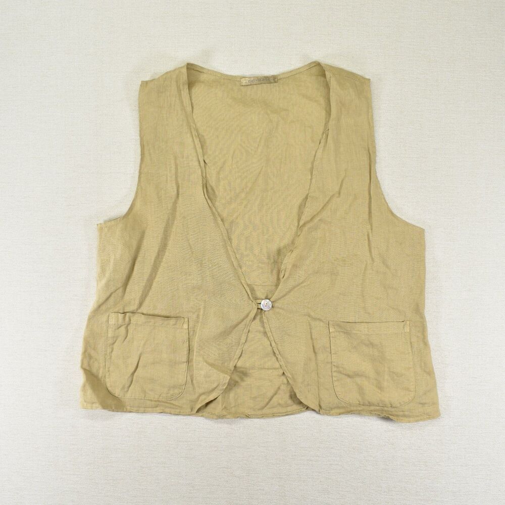 Cut Loose Linen Vest Womens Large Beige Tan Single Button USA Made Sleeveless